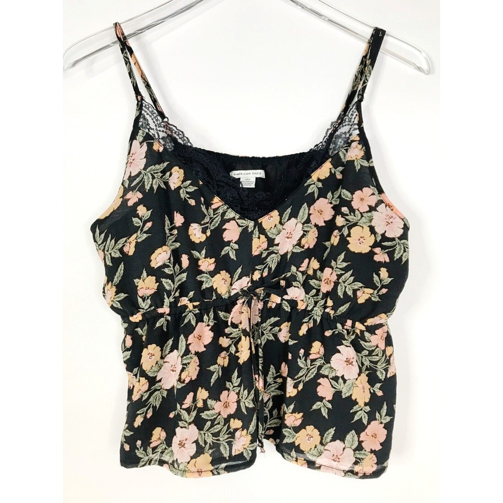 American Eagle Top Womens Large Black Floral Babydoll Tank Cami Lace Trim Y2K